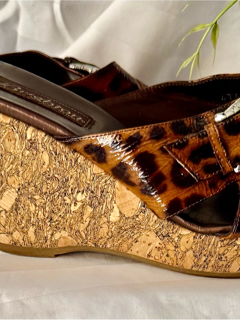 Vintage Y2K Brighton Leopard Print Cork Wedge Sandals - Women